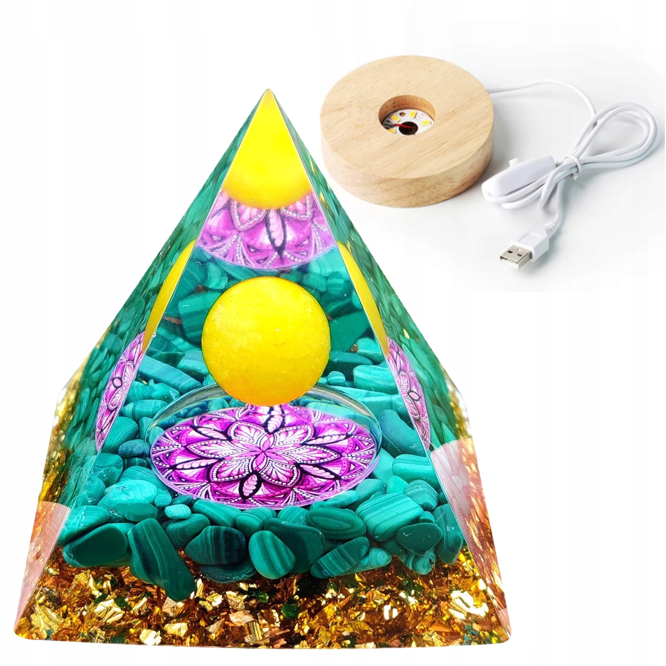 Piramida ORGONIT + LED Lampka PODSTAWA 5cm KRYSZTAŁ KAMIENIE AMULET 5cm HX15 – Magia i pozytywna energia w Twoim wnętrzu