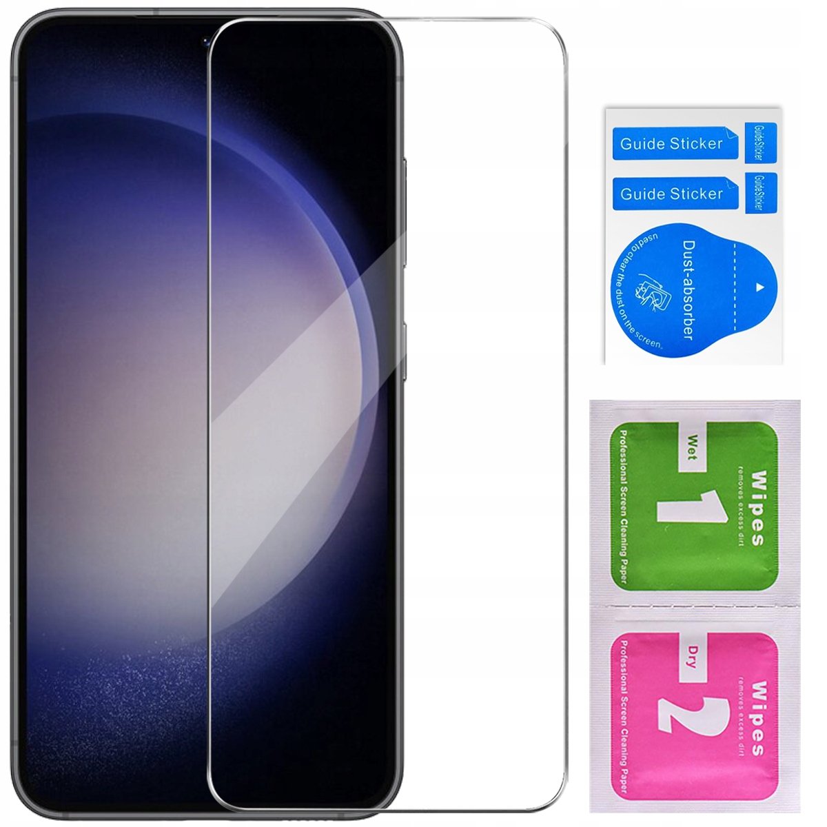 Zestaw zawiera etui, szkło hartowane i akcesoria do czyszczenia