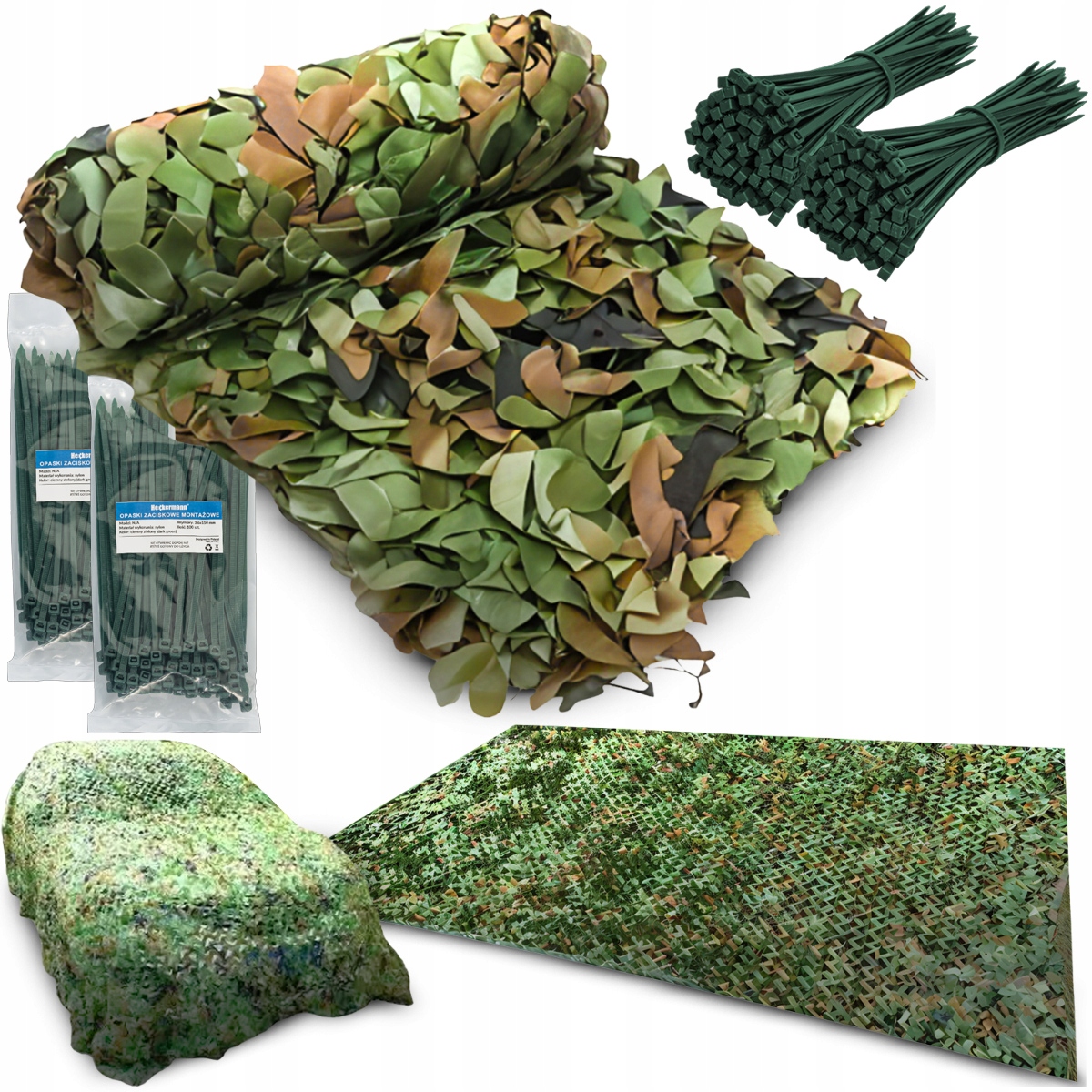 Zestaw siatka maskująca Heckermann 3x5m 150D + Opaski zaciskowe 200szt.