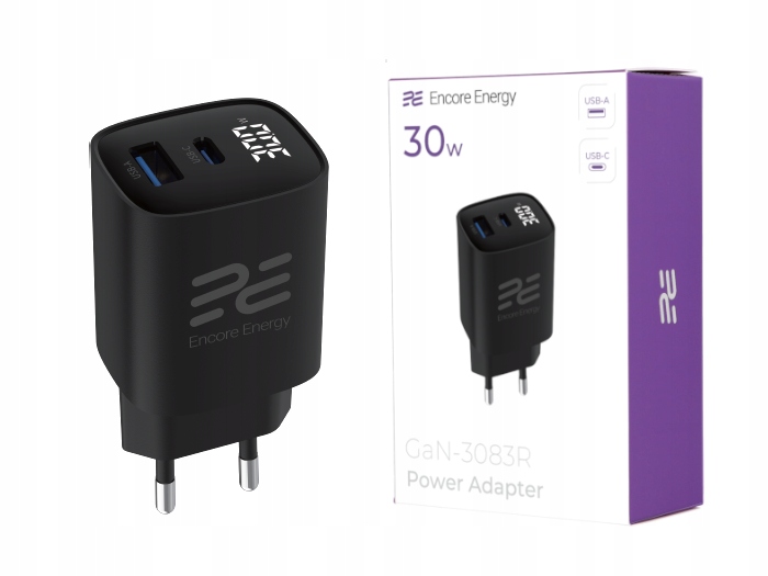 Ładowarka sieciowa Encore Energy GaN QC 4 PD 3.0 USB-A USB-C 30W – Szybkie ładowanie w zasięgu ręki