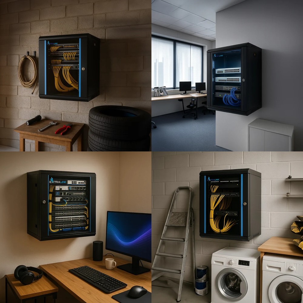 Porównanie chaotycznej domowej sieci z plączącymi się kablami i schludnie uporządkowaną siecią w profesjonalnej szafie serwerowej