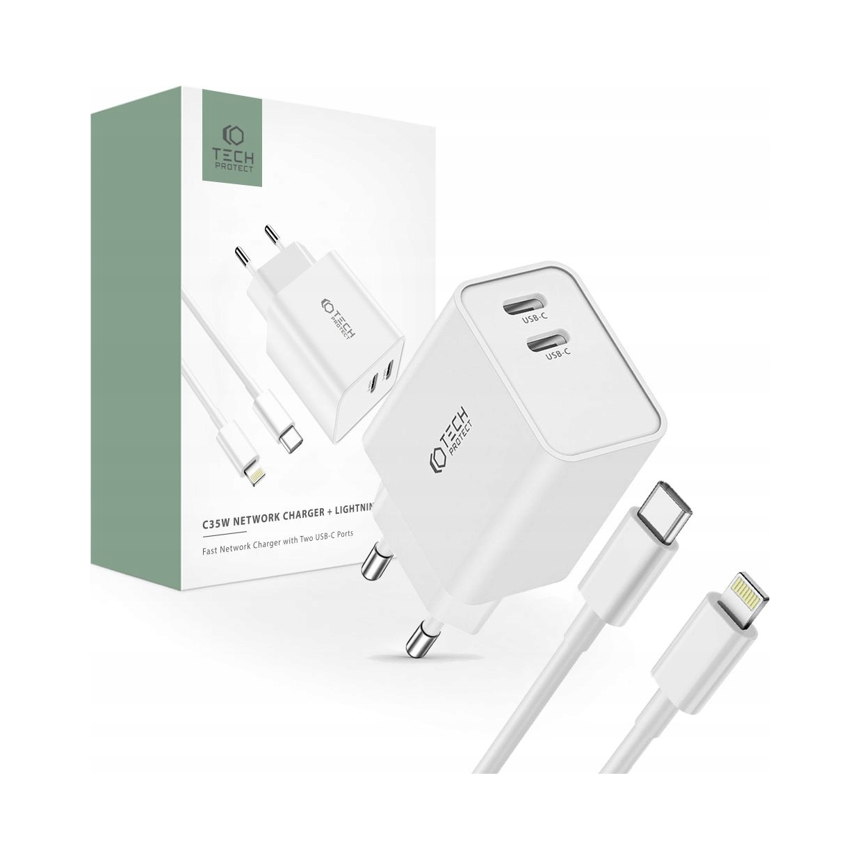 Ładowarka sieciowa C35W 2x USB-C z kablem USB-C - Tech-Protect dla Twojego iPhone'a