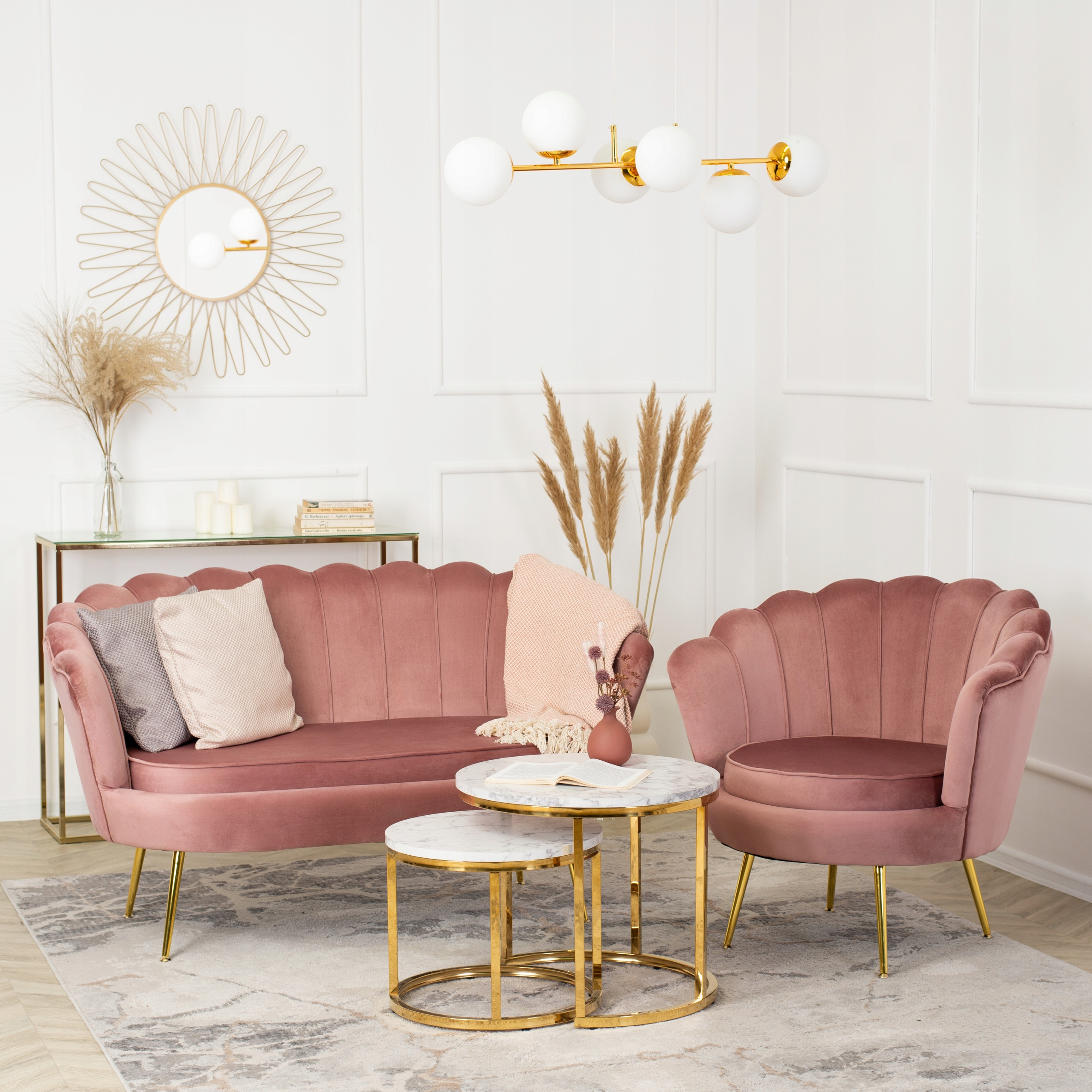 Zestaw Sofa Różowa i 2 Fotele Muszelka Meble Wypoczynkowe Glamour Złote – Elegancja i komfort w Twoim salonie