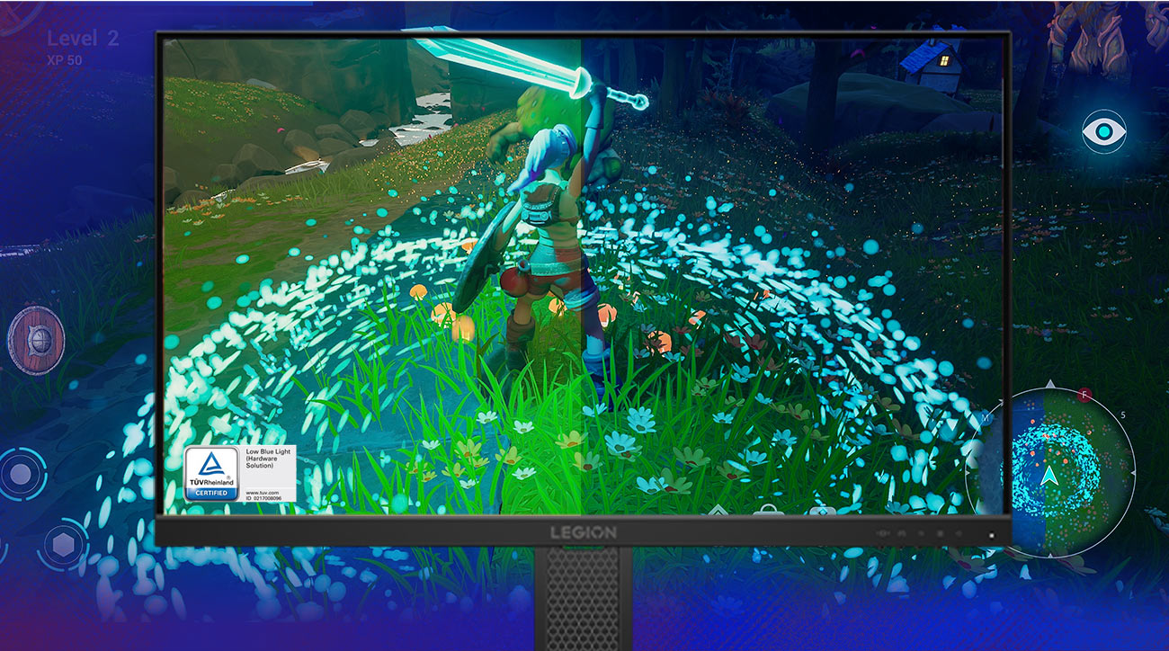 Na ekranie monitora Lenovo Legion 24-10 postać z gry komputerowej