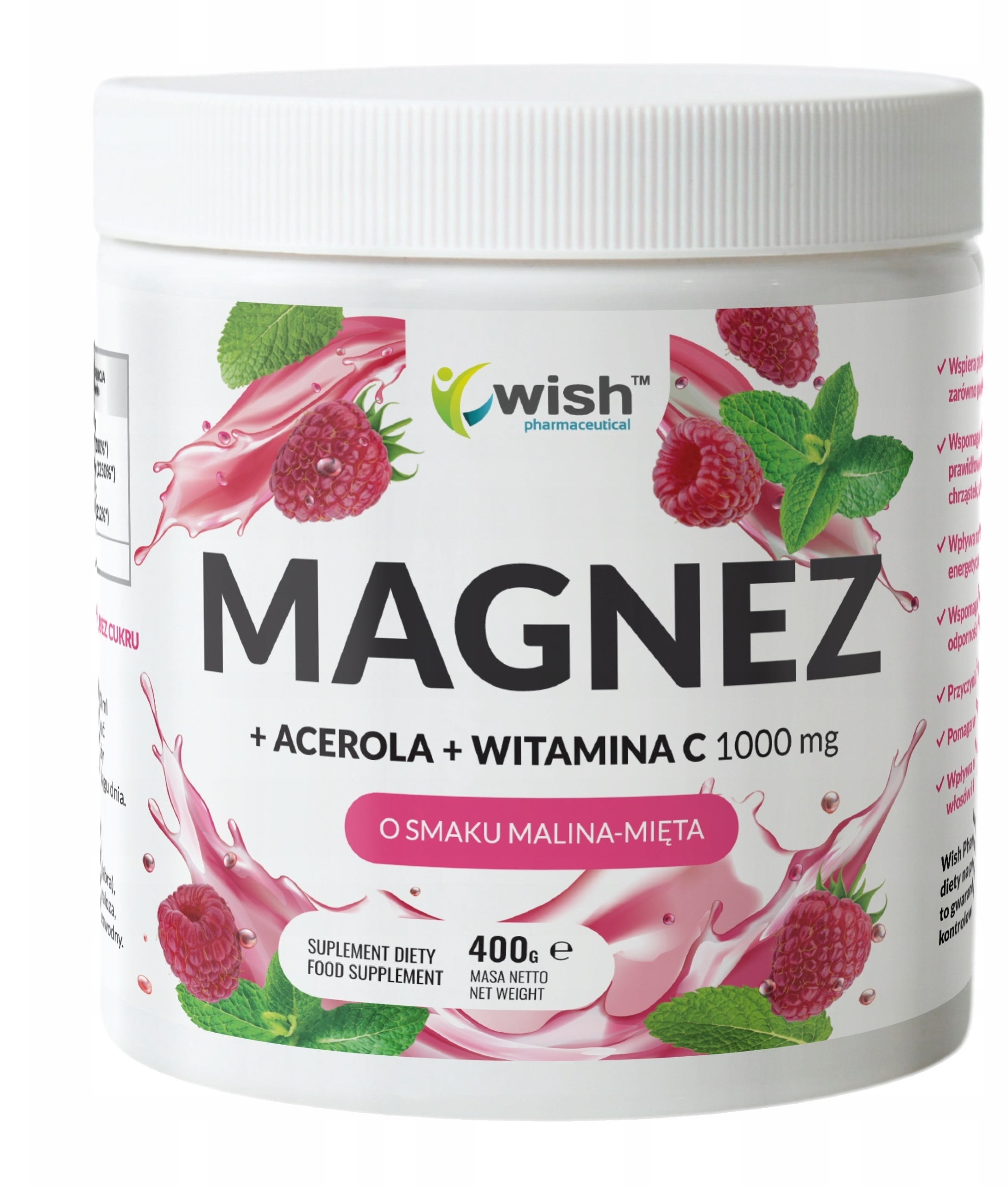 WISH Cytrynian Magnezu + Acerola + Witamina C Malina-Mięta – Suplement diety w proszku 400g