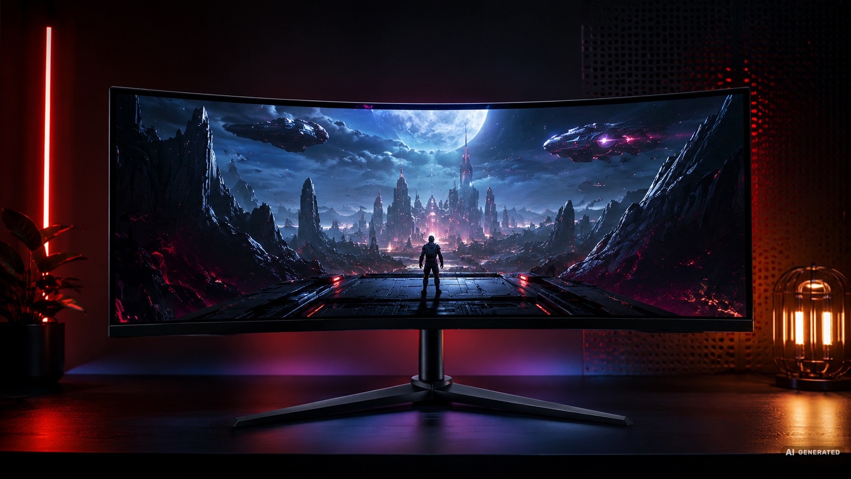 Monitor Acer Nitro XZ34QXC Ergo na biurku. Na zakrzywionym ekranie widoczna postać w futurystycznym, oświetlonym mieście.