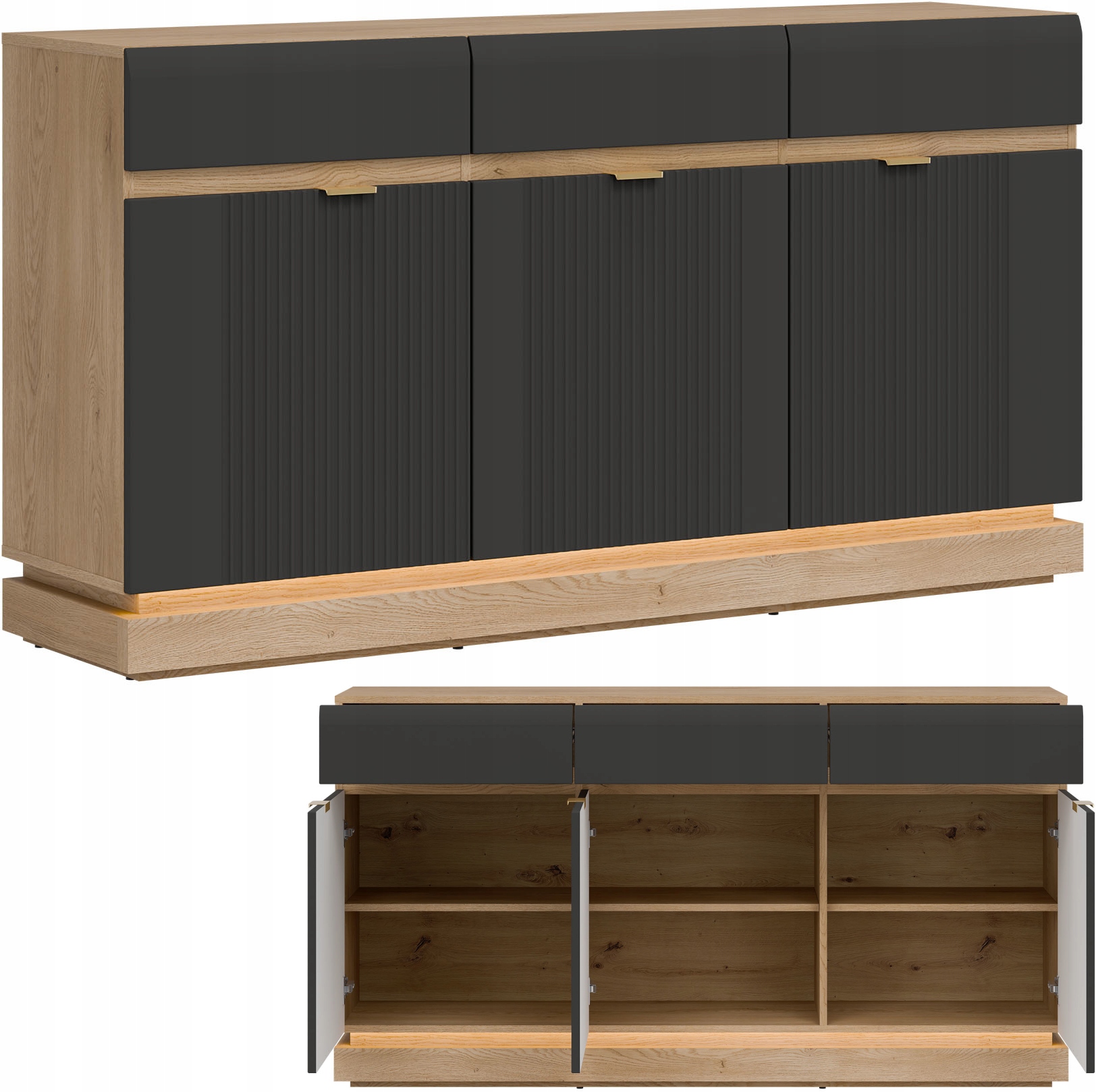 Komoda trzydrzwiowa z szufladami do salonu Dąb Cremona Antracyt MILTON ML03 – Elegancja i funkcjonalność w Twoim wnętrzu