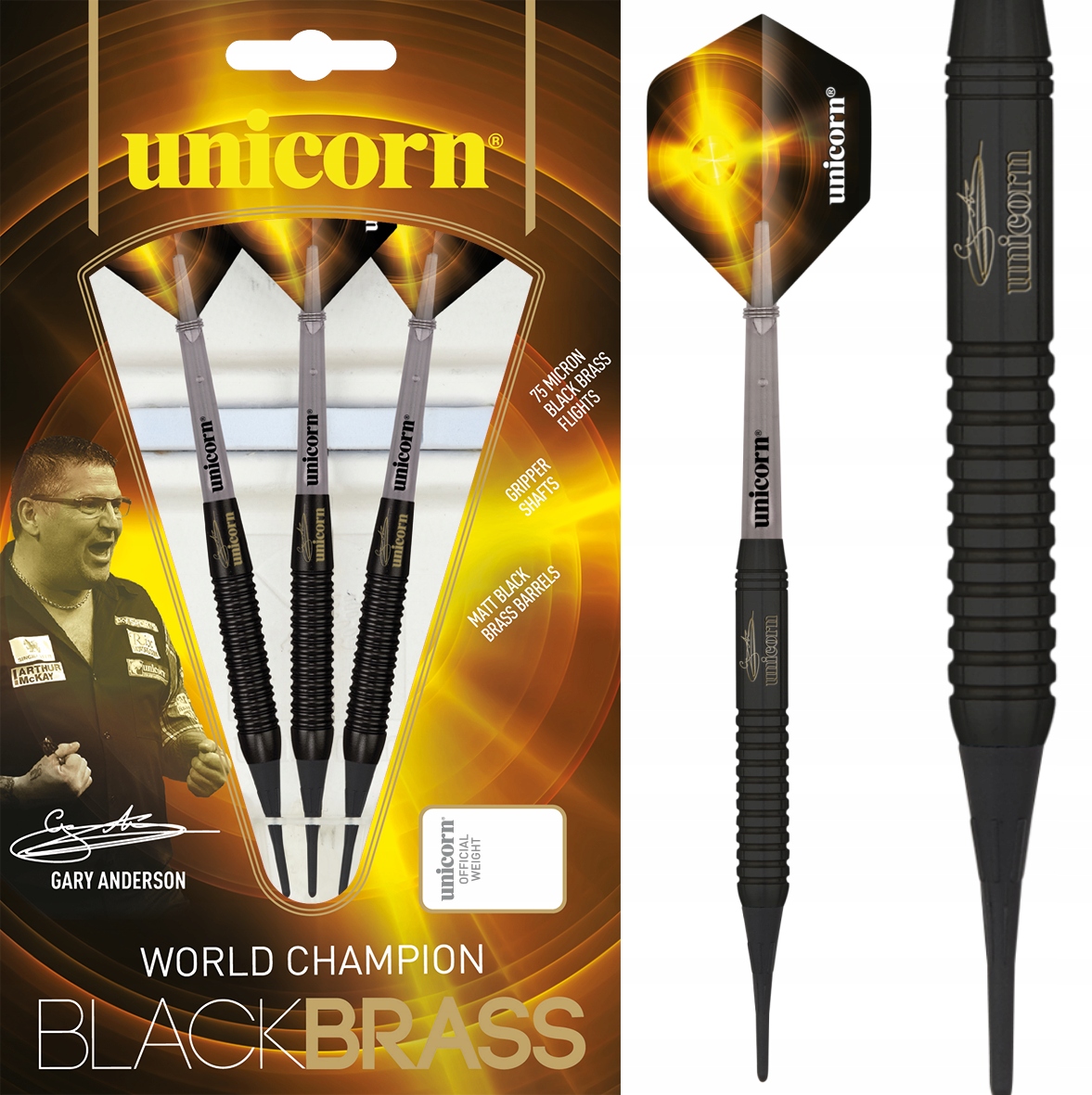 Rzutki soft tip BLACK BRASS - Gary Anderson 17 g – Idealne dla wymagających graczy