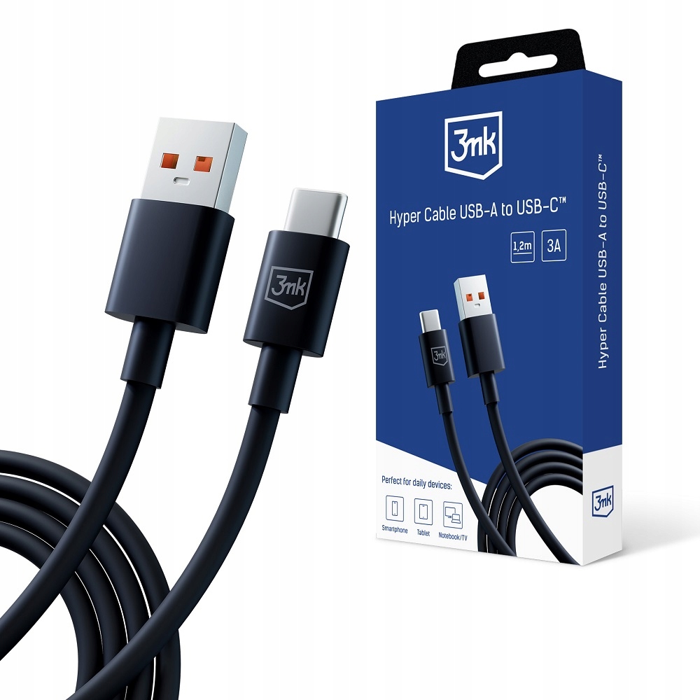 Hyper Cable USB-A do USB-C 1.2 m Czarny – Szybkie ładowanie i transfer danych