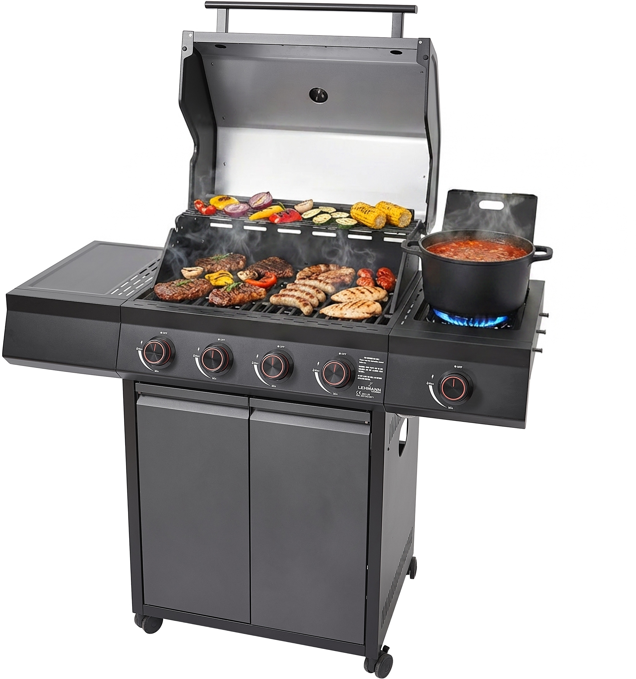 Grill gazowy Ogrodowy ŻELIWNY LEHMANN 4+1 nierdzewny 15 kW +szafka na butlę Wysokość grilla 117.5 cm