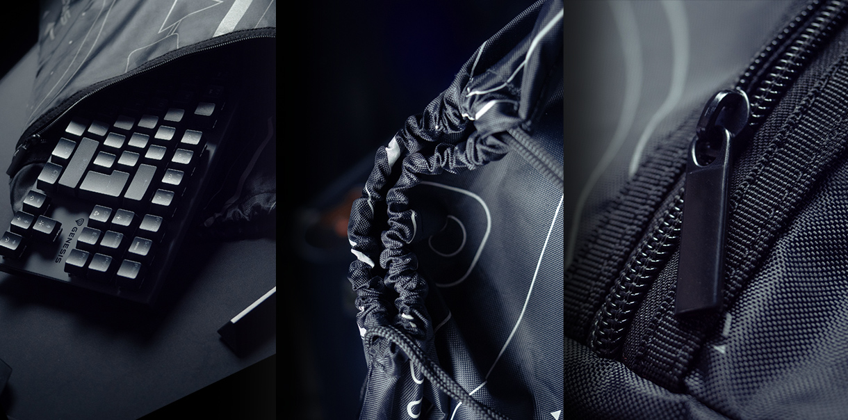 Zbliżenie na plecak sportowy Genesis G2, pokazujący jego elegancki wygląd i zamek błyskawiczny, z klawiaturą w tle