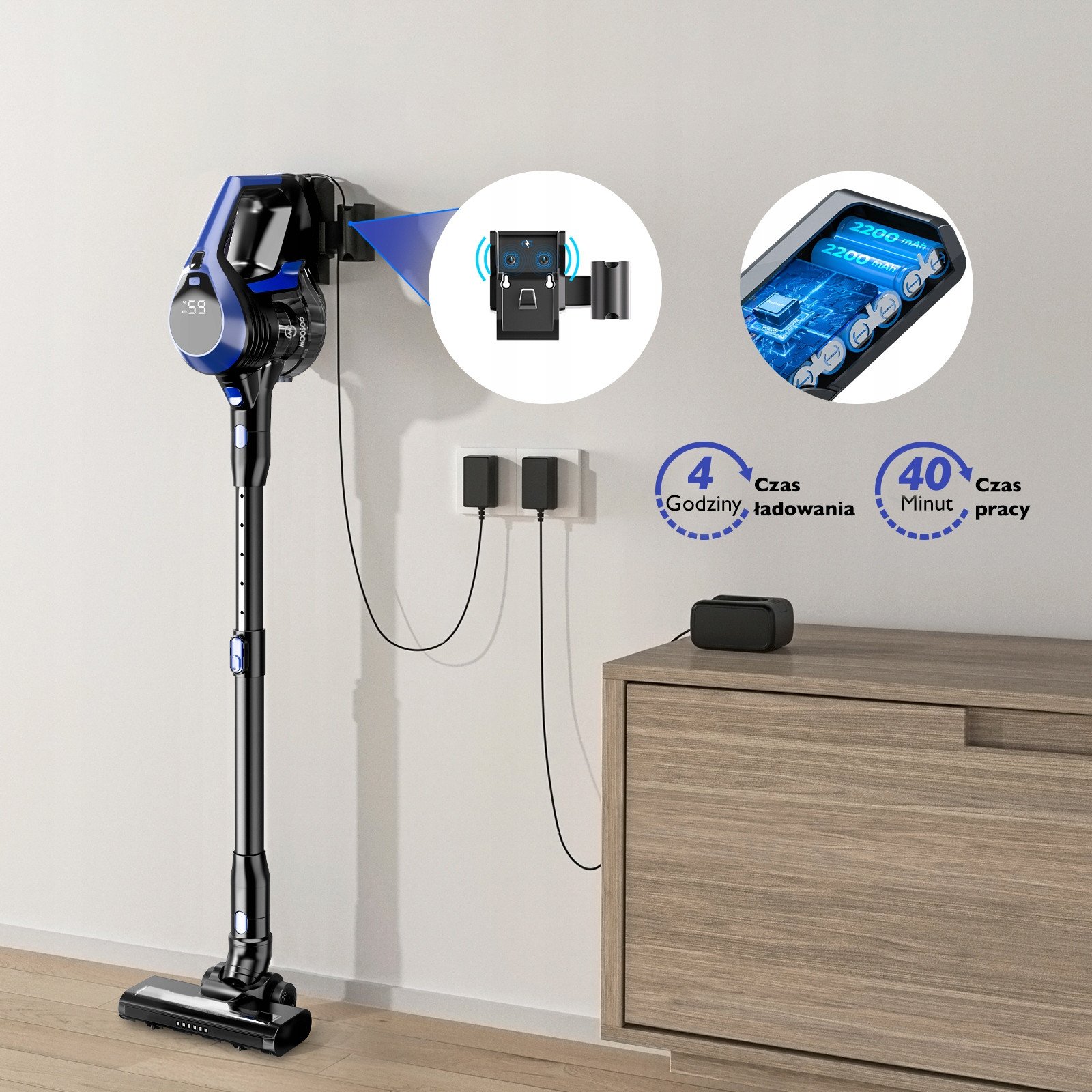 Długi czas pracy – Do 40 minut bezprzewodowego odkurzania