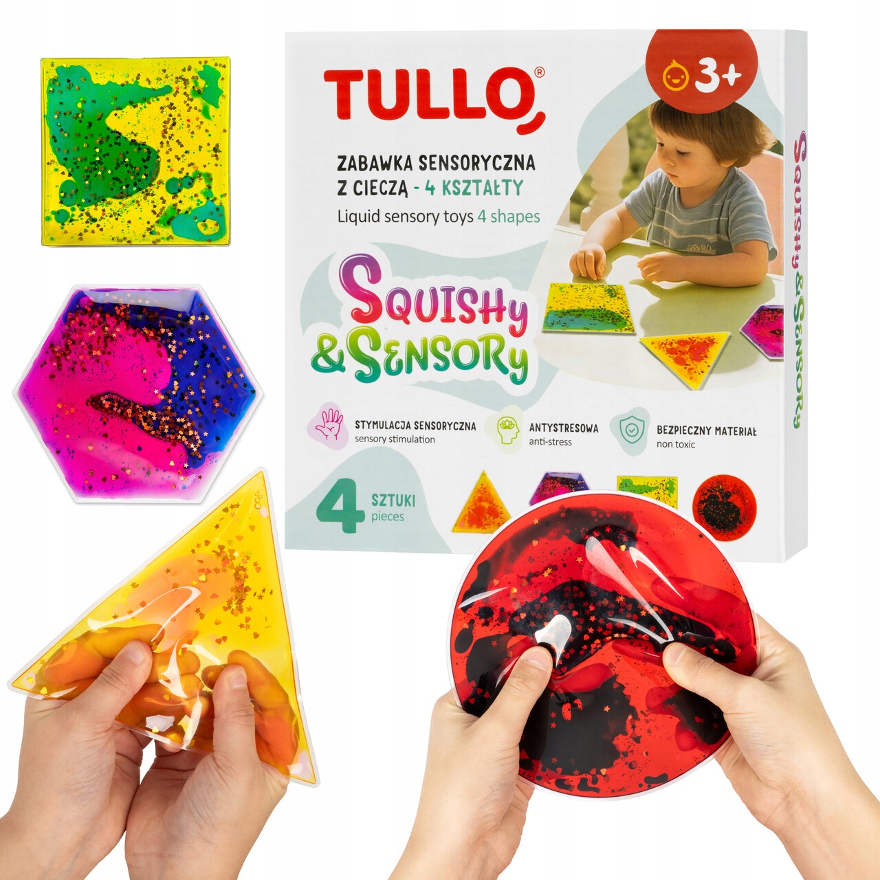 Gniotki sensoryczne z cieczą squishy – Zestaw 4 kształtów dla dzieci 3+