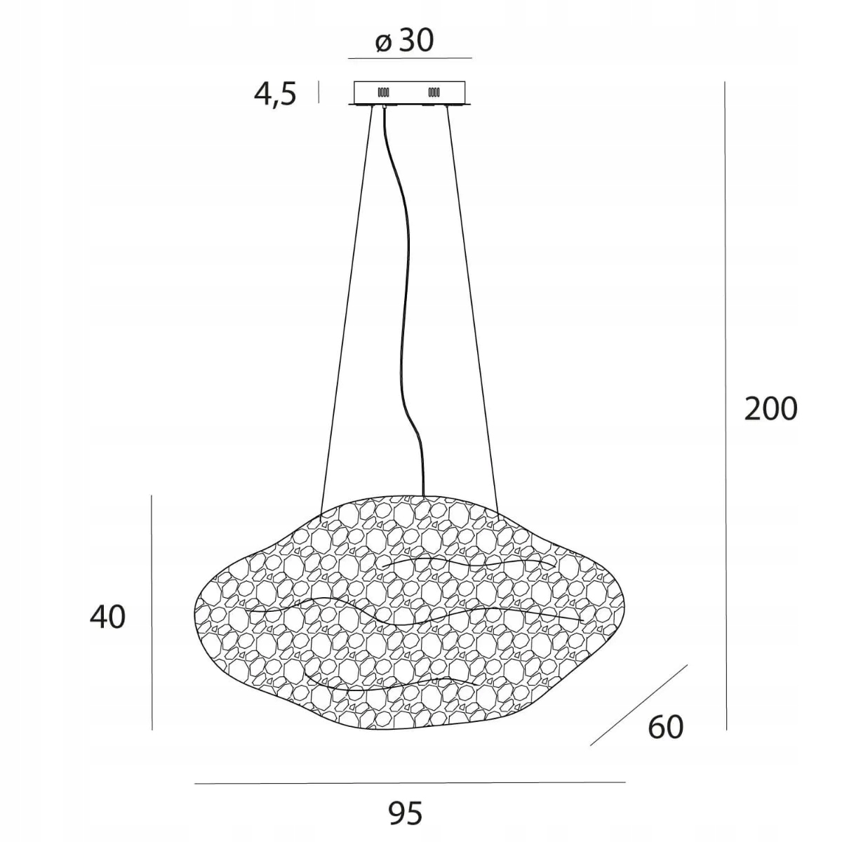 Wymiary lampy – wysokość 200 cm, szerokość 95 cm, głębokość 60 cm