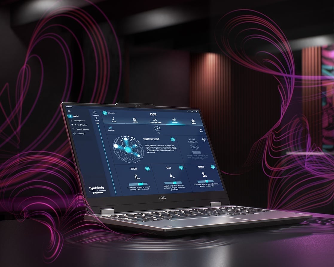 Otwarty laptop LOQ 15ARP9 w trybie pracy, w tle widoczne zwizualizowane fale dźwiękowe które wydostają się z głośników laptopa