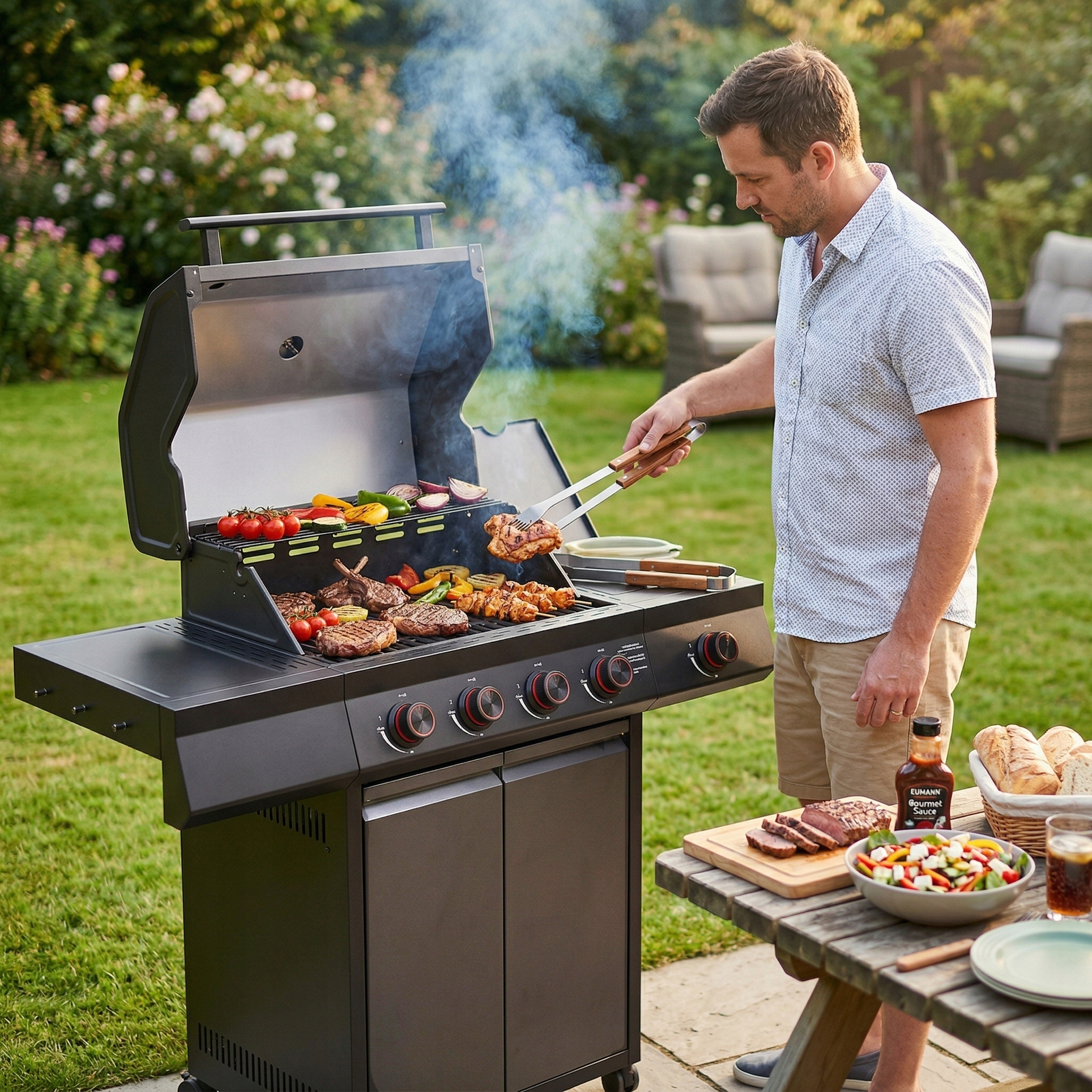 Grill gazowy Ogrodowy ŻELIWNY LEHMANN 4+1 nierdzewny 15 kW +szafka na butlę Stan opakowania oryginalne