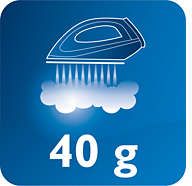 Strumień pary do 40 g/min ułatwia rozprasowywanie zagnieceń