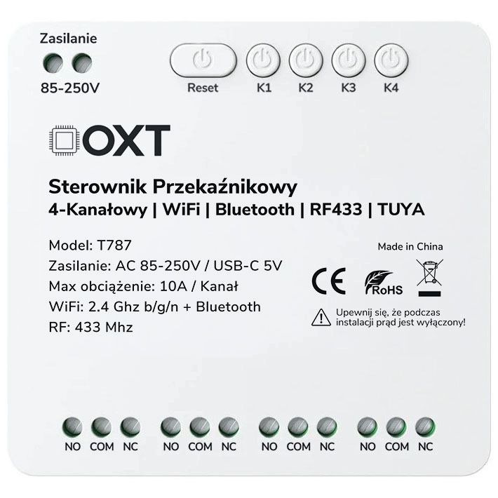 Sterownik przekaźnikowy 4-kanałowy 10A NO/NC/COM WIFI Bluetooth RF 433 TUYA – Inteligentne zarządzanie domem