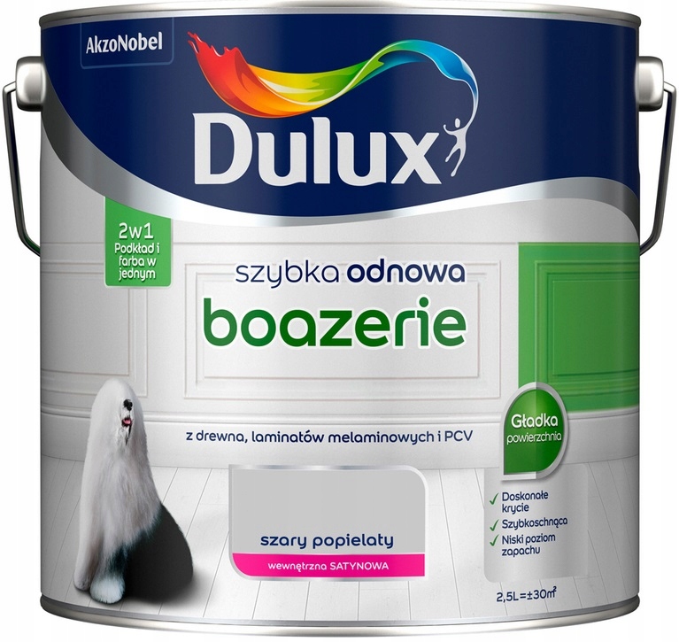 Dulux Szybka Odnowa farba do boazerii Szary Popielaty satyna 2,5L – Idealne rozwiązanie dla Twojego wnętrza