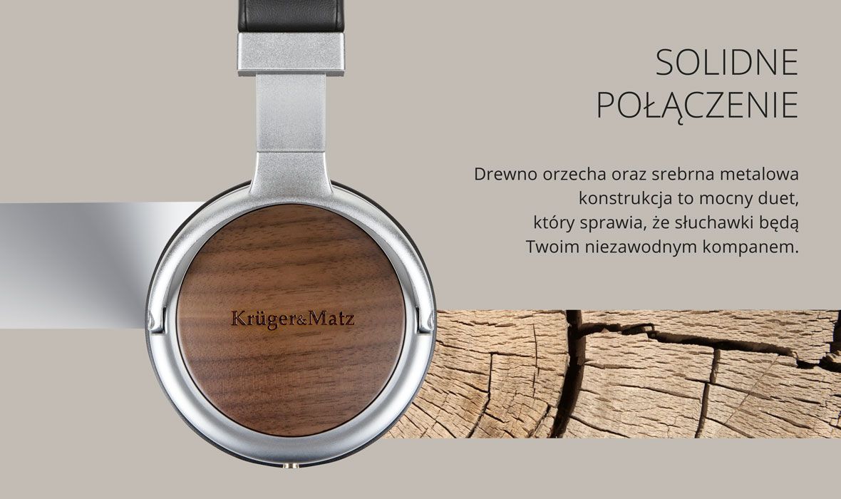 Solidne połączenie Drewno orzecha oraz srebrna metalowa konstrukcja to mocny duet, który sprawia, że słuchawki będą Twoim niezawodnym kompanem.