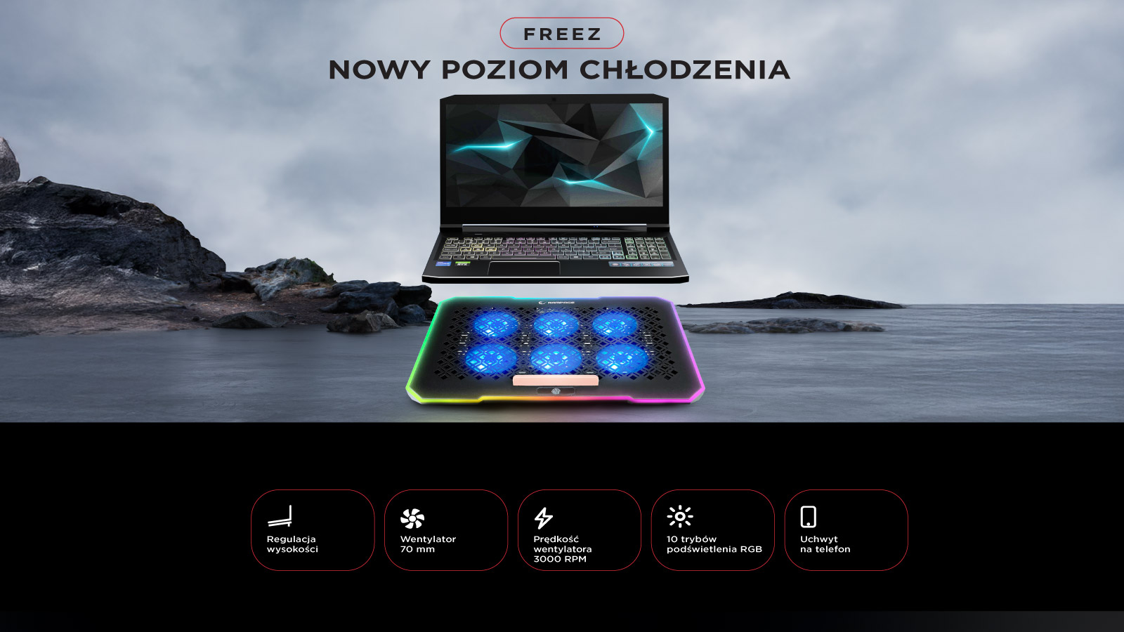 Rampage FREEZ Podstawka chłodząca pod laptop 9-17 RGB 6 wentylatorów, czarna
