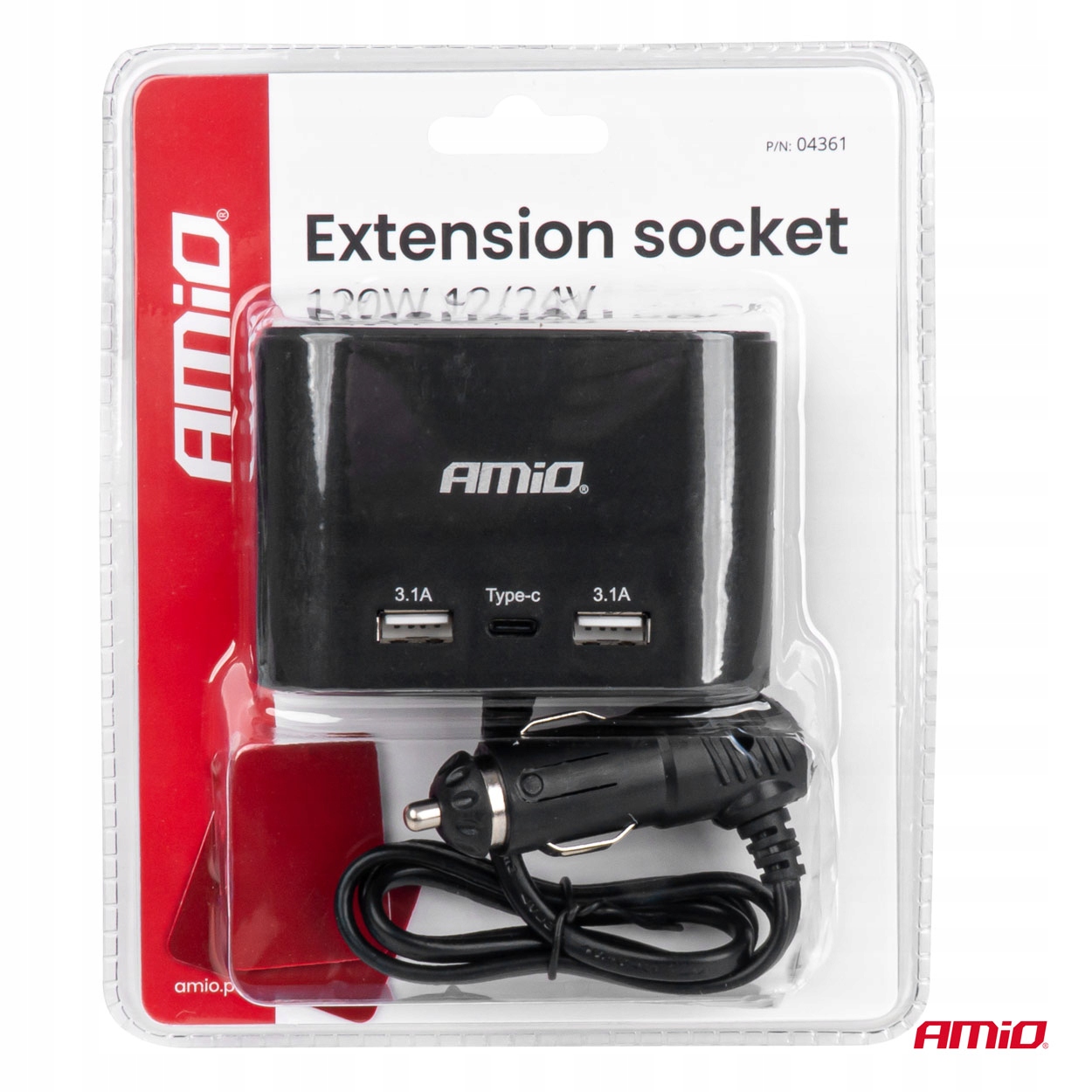 Rozdzielacz gniazda zapalniczki z ładowarką 2x USB-A 1x USB-C 12V 24V 120W 70cm AMIO-04361