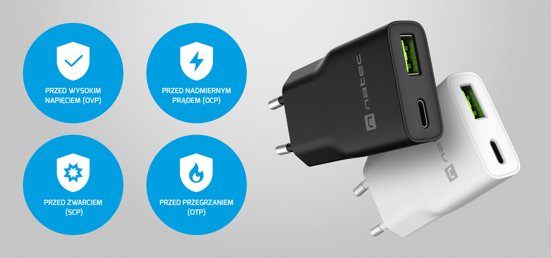 Dwa zasilacze sieciowe w kolorze czarnym i białym, z różnymi funkcjami zabezpieczeń obok.