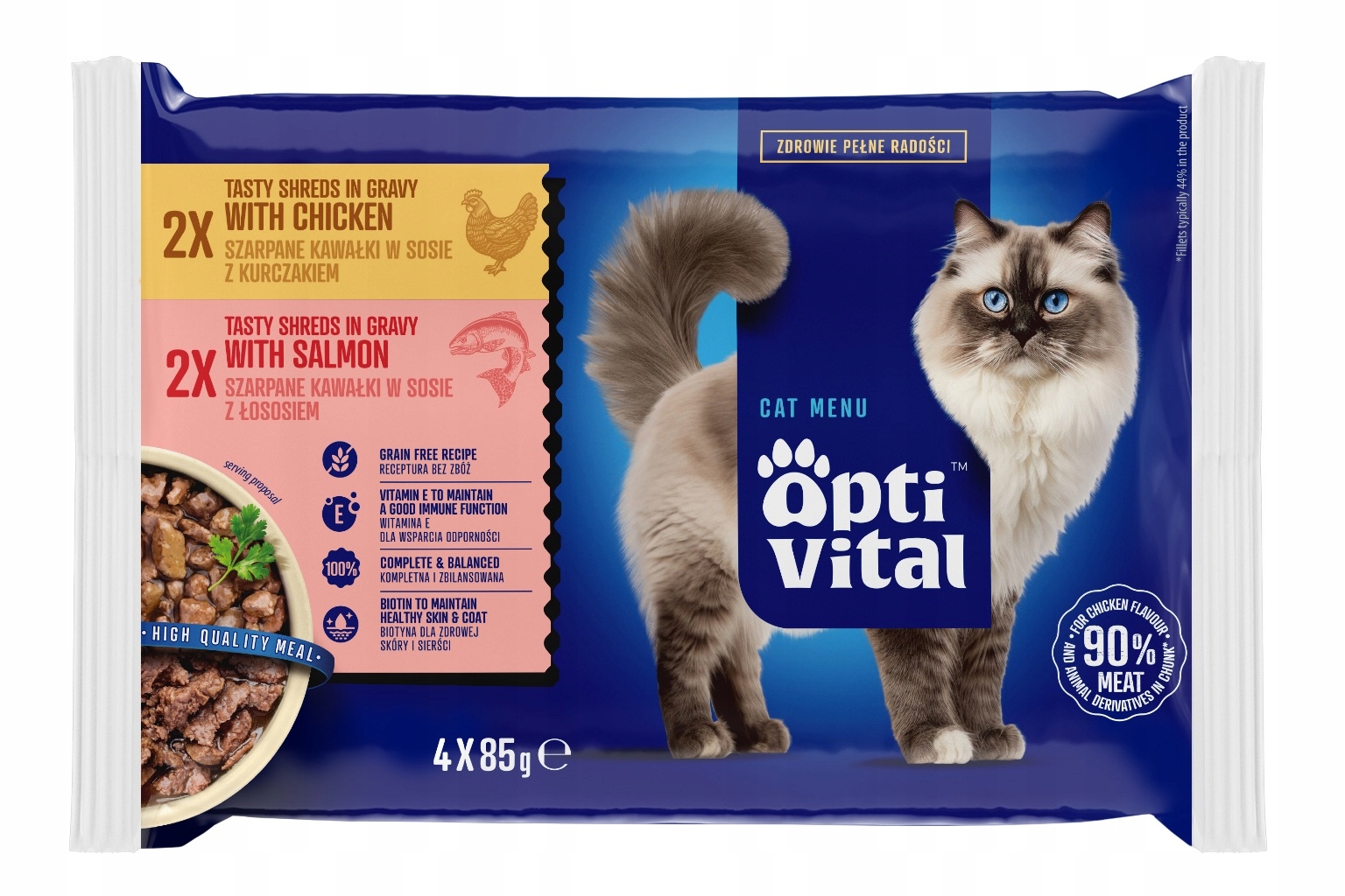 OptiVital saszetki – Pełnoporcjowa karma dla dorosłych kotów z kurczakiem i łososiem