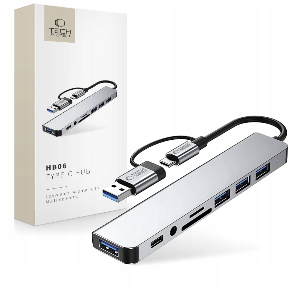 TECH-PROTECT HB06 HUB ADAPTER 9IN1 TYPE-C + USB2.0 + USB3.0 + SD/TF + AV3.5 SPACE GREY – Wszechstronny adapter do komputerów