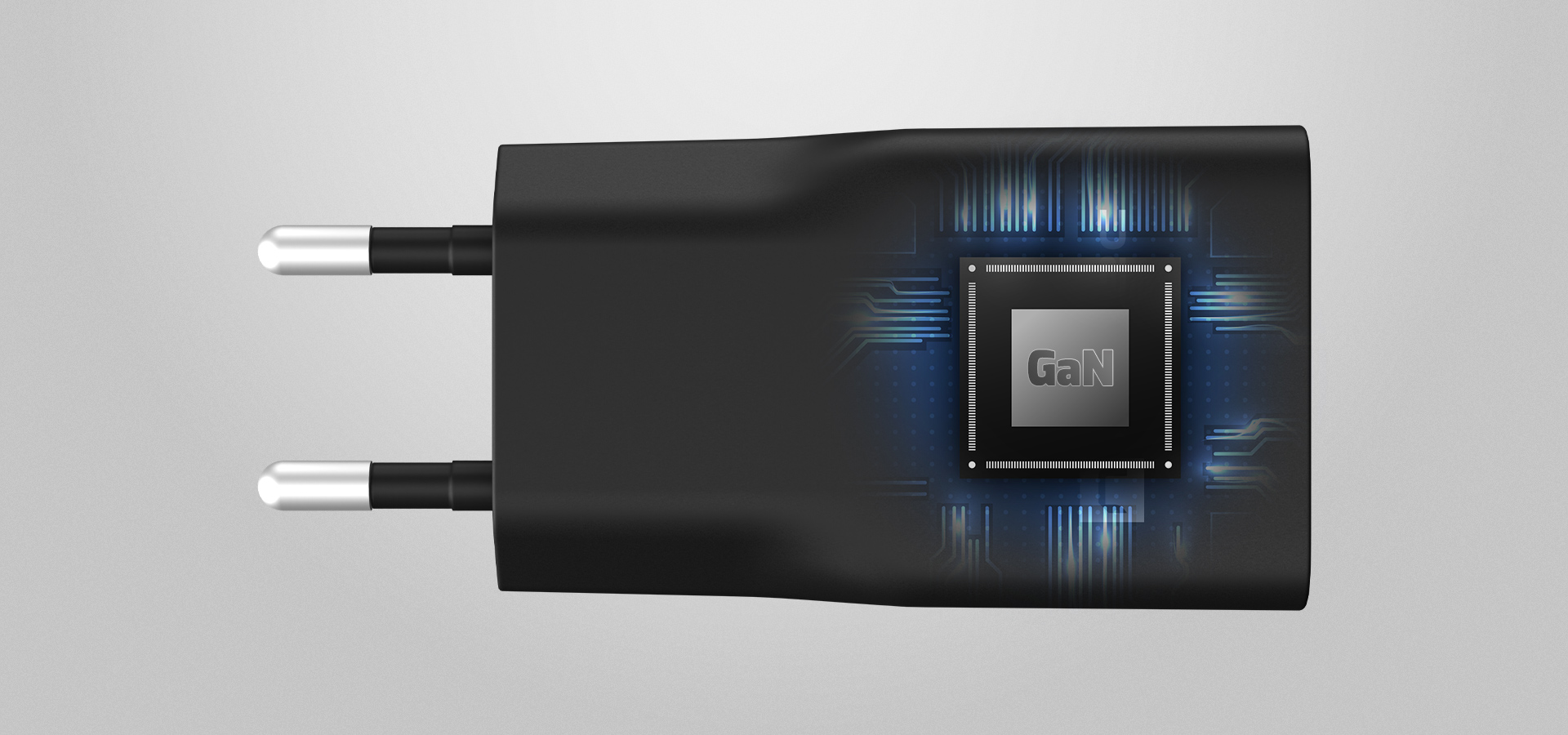 Ładowarka z dwoma pinami i ciemną obudową z podświetlanym niebieskim wzorem.