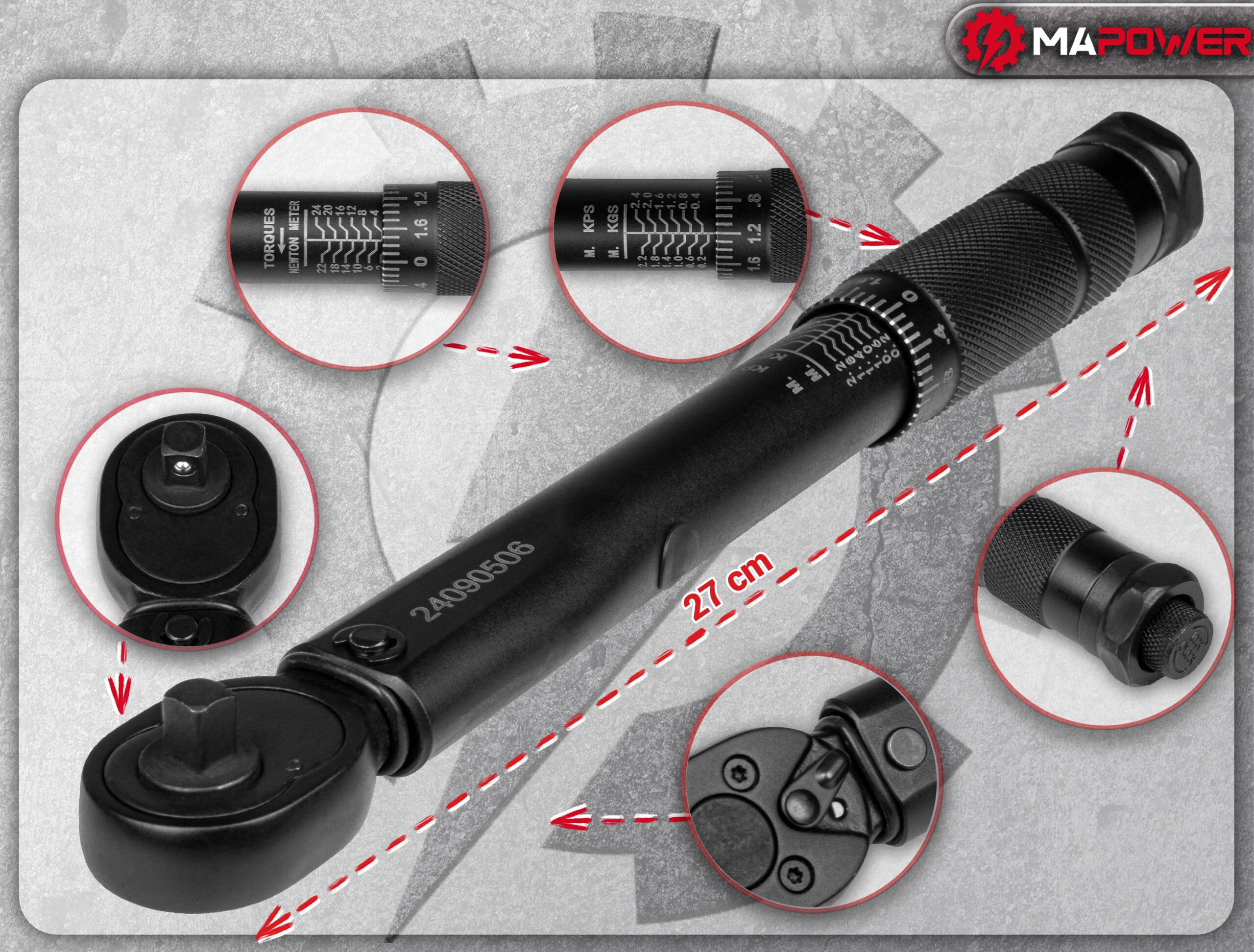 KLUCZ DYNAMOMETRYCZNY DO ROWERU 1/4' 2-24Nm CERTYFIKAT KALIBRACJI Z BLOKADĄ Marka MAPOWER