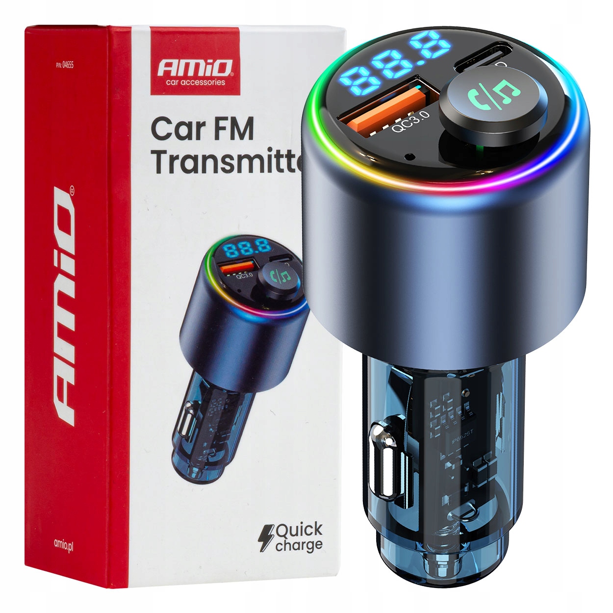 Transmiter samochodowy FM 1×USB-A 1×USB-C 12V 24V AMIO-04655 – Nowoczesne rozwiązanie audio w Twoim samochodzie