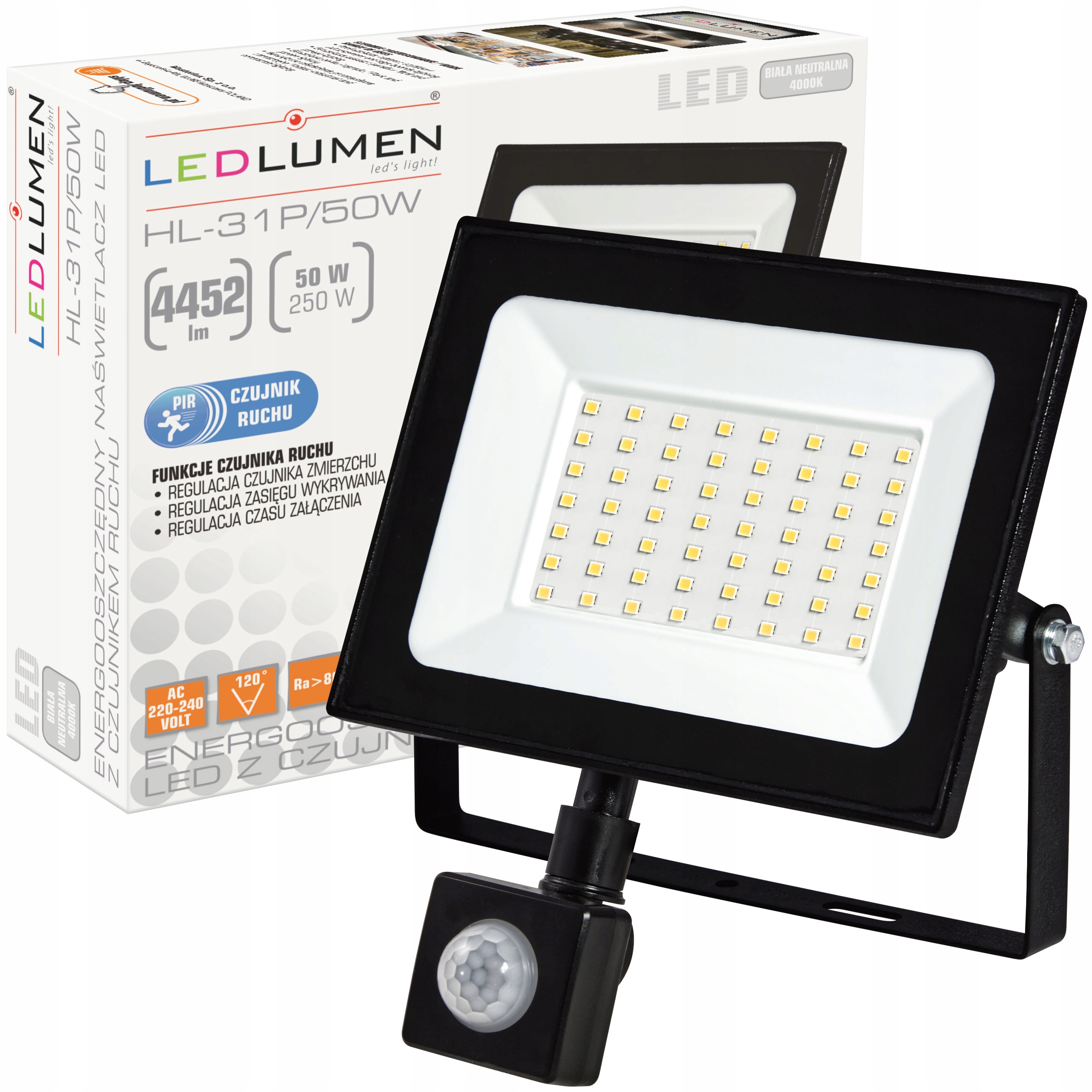 HL-31P/50W Naświetlacz LED IP44 PIR NW – Nowoczesne oświetlenie dla Twojego domu i ogrodu