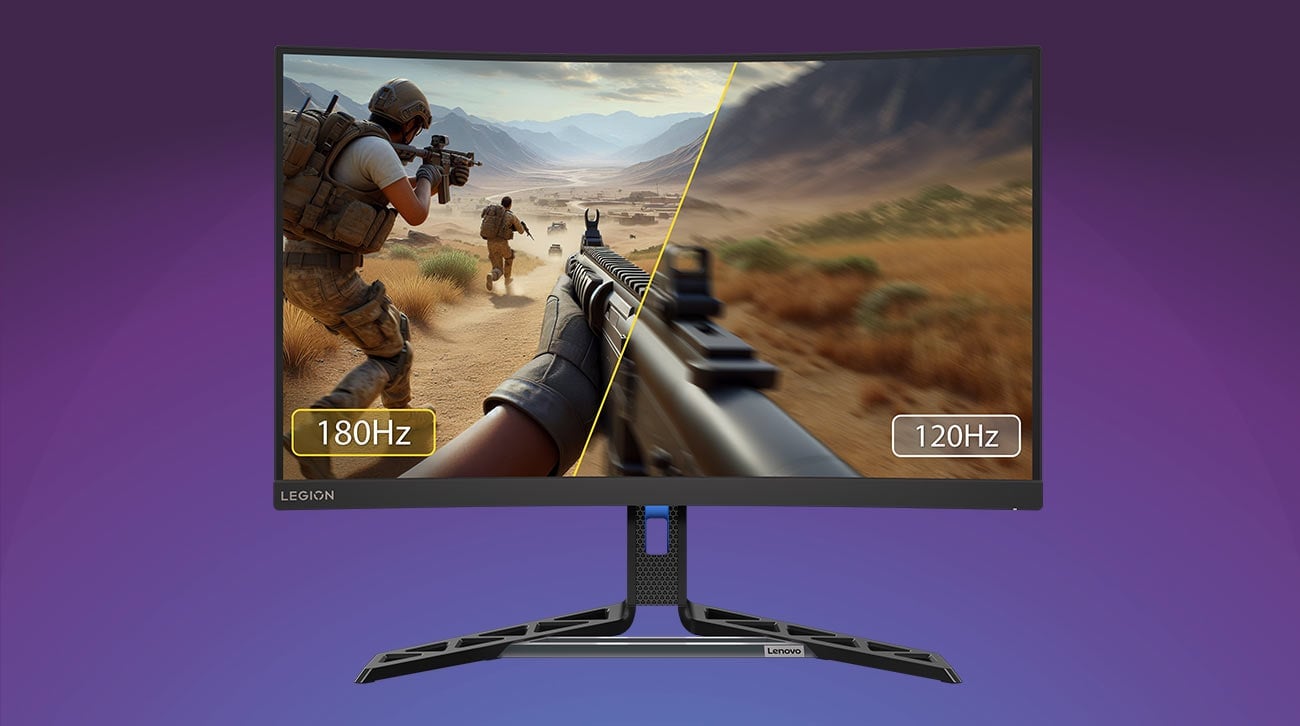 Monitor Lenovo R27qc-30 przodem, na ekranie scena z wojennej gry komputerowej 