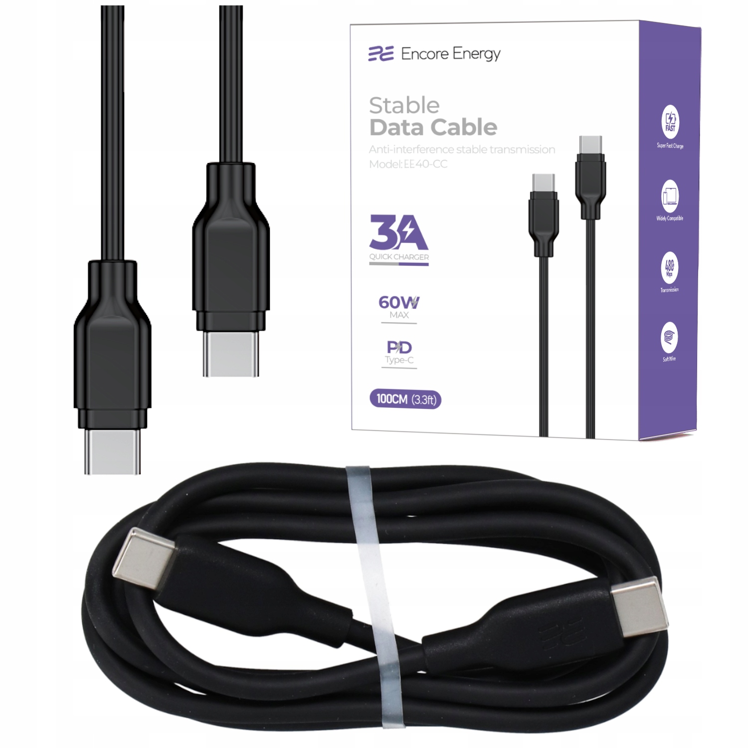 Kabel Encore Energy USB-C 3A QC PD 60W – Szybkie ładowanie i transfer danych