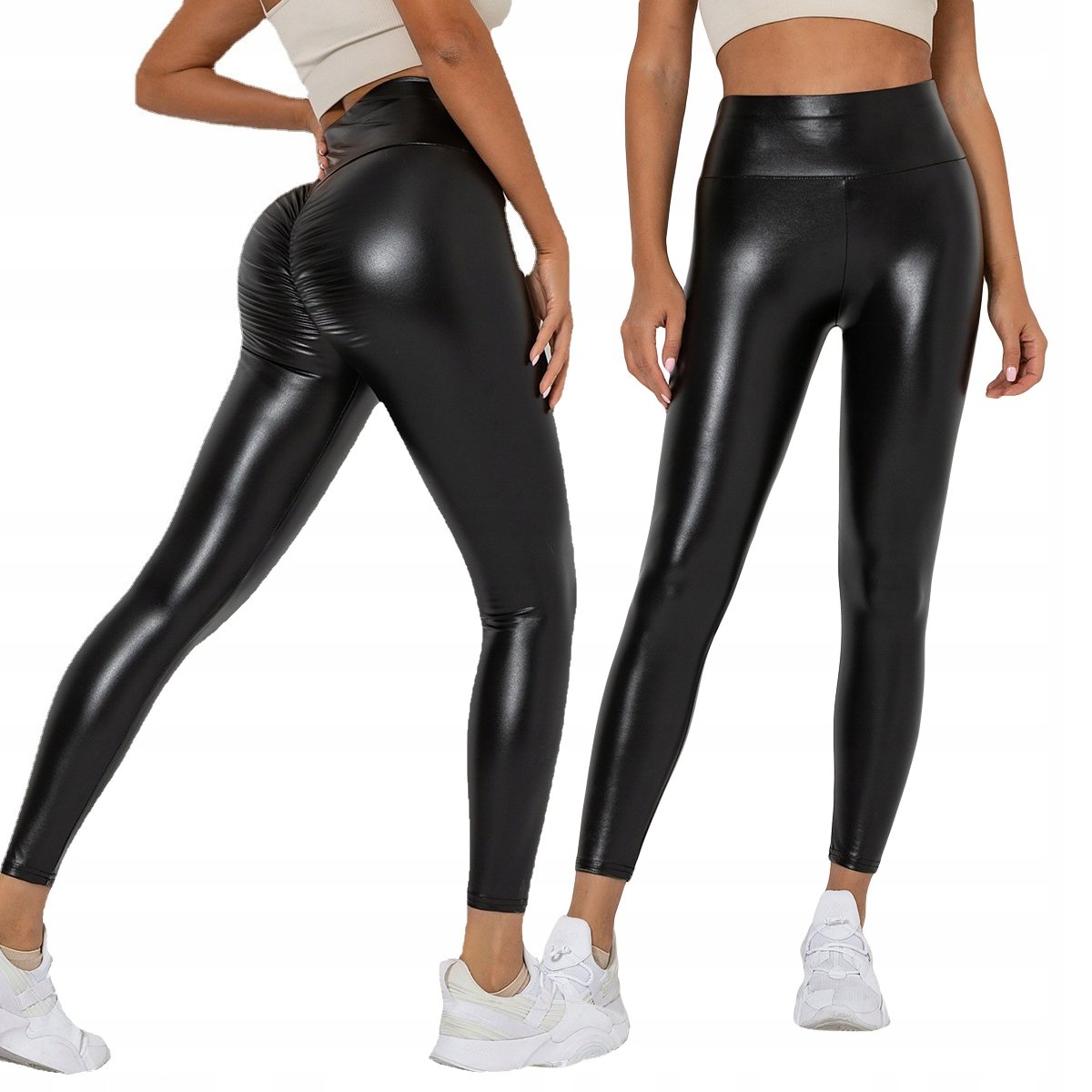 Legginsy MODNE Wysoki Stan MODELUJĄCE EKO SKÓRA z Marszczeniem CZARNE r.M – Styl i wygoda w jednym