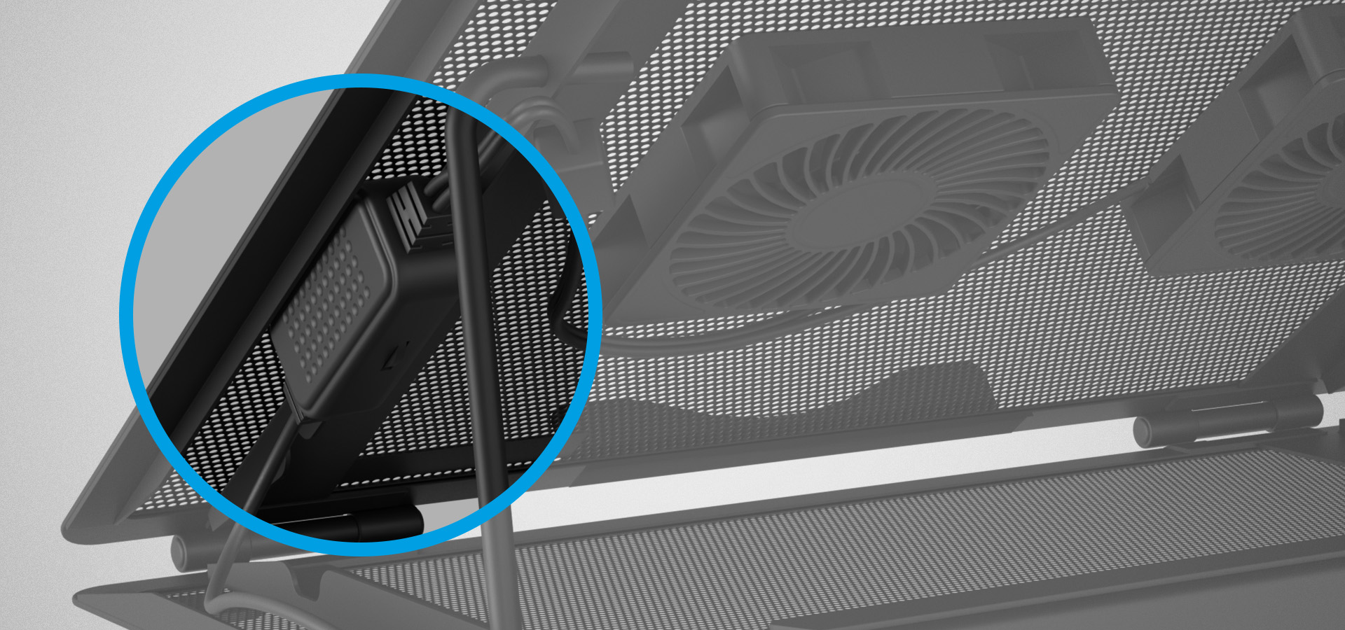 Podstawka chłodząca do laptopa z dwoma wentylatorami, przeznaczona do laptopów o przekątnej od 12,1 do 17,3 cala. Widok z bliska złącza lub elementu regulacyjnego