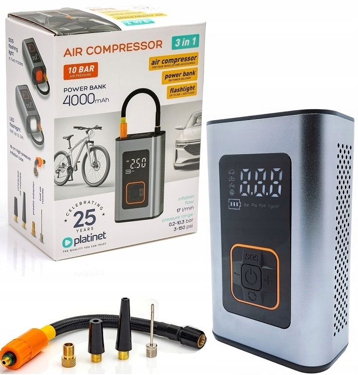 PLATINET KOMPRESOR SAMOCHODOWY AIR COMPRESSOR PUMP 10BAR 4000MAH – Wszechstronność w Twoim samochodzie