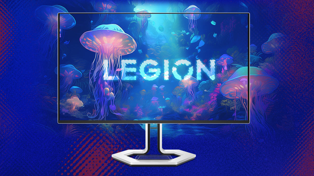Kolorowa wizualizacja i logotyp Legion na ekranie monitora Lenovo Legion Pro 32UD-10 