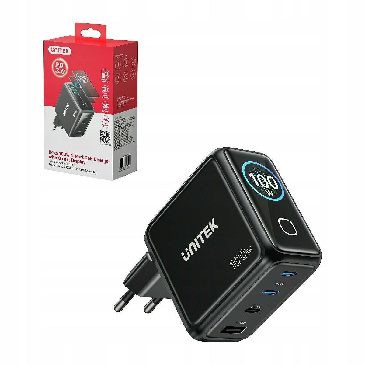 Unitek Rexo – Ładowarka USB-C 100 W z wyświetlaczem i 4 portami