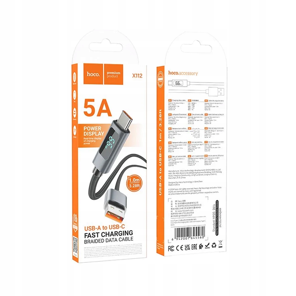 Kabel USB A do USB C Hoco 5A z wyświetlaczem 1 m X112 czarny – Szybkie ładowanie i transfer danych
