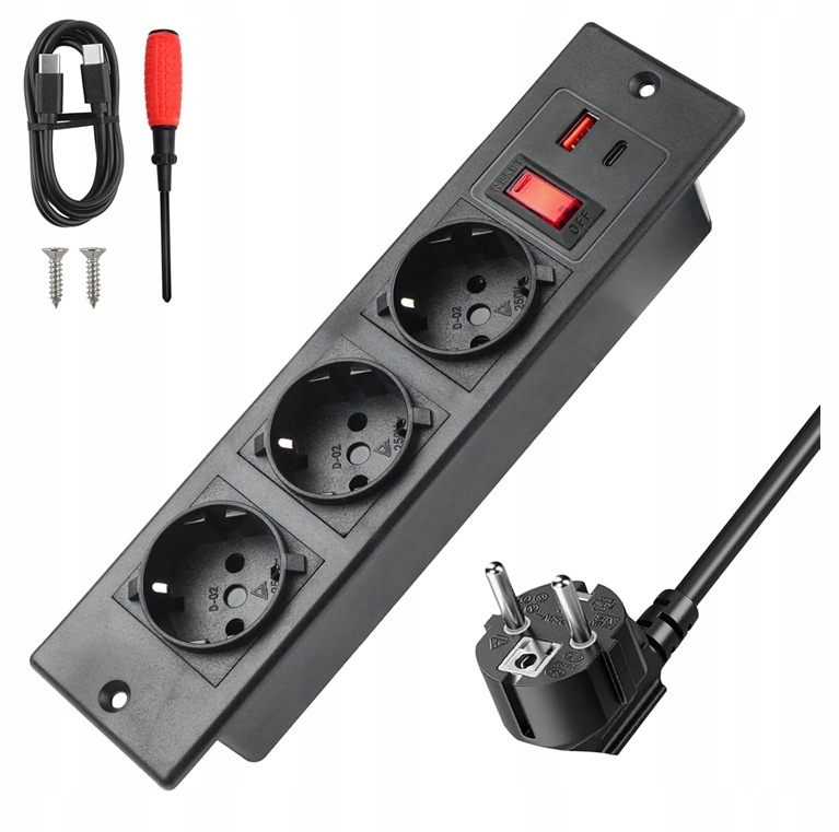 Do zabudowy 3 gniazdka AC, 1 USB-A, 1 USB-C PD 20W – Nowoczesne rozwiązanie zasilające