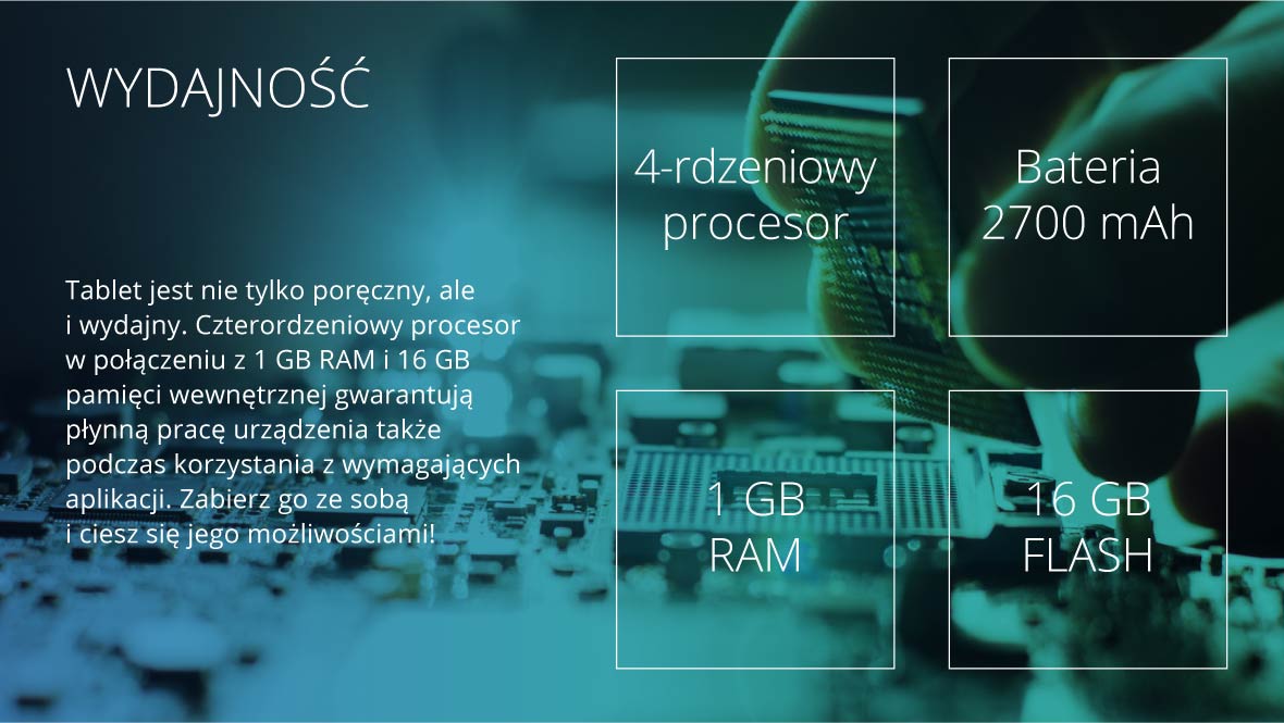 Wydajność Tablet jest nie tylko poręczny, ale i wydajny. Czterordzeniowy procesor w połączeniu z 1 GB RAM i 16 GB pamięci wewnętrznej gwarantują płynną pracę urządzenia także podczas korzystania z wymagających aplikacji. Zabierz go ze sobą i ciesz się jego możliwościami!