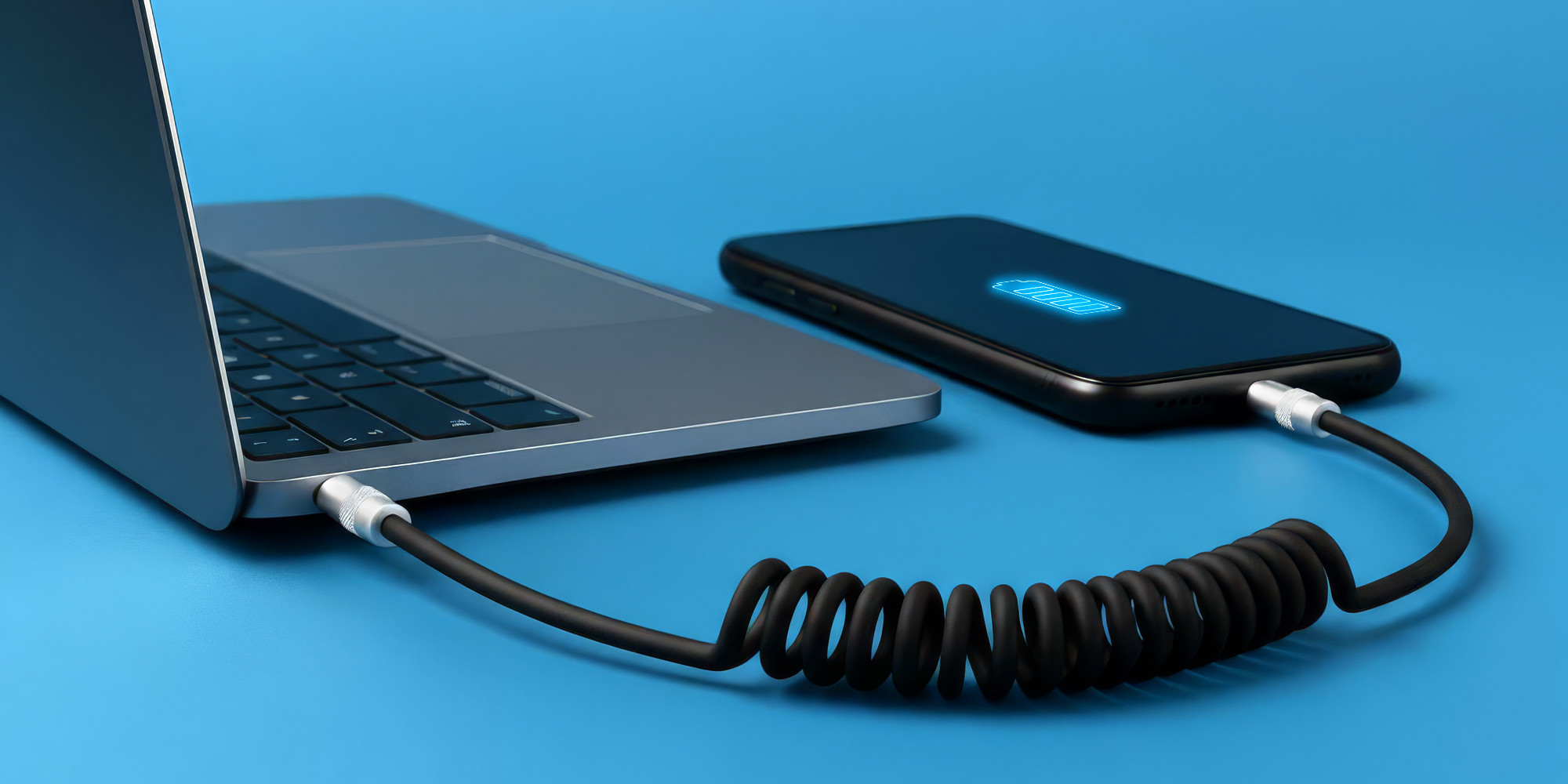 Kabel Newell USB-C - USB-C 100 W, 1,5 m, silikonowy, spiralny, niebiesko-pomarańczowy