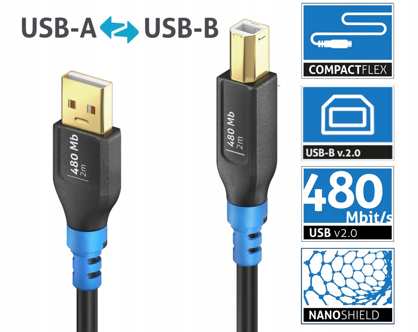 FlexInstall USB-A na USB-B kabel USB 2.0 480Mbps 3.00m – Niezawodna jakość połączenia