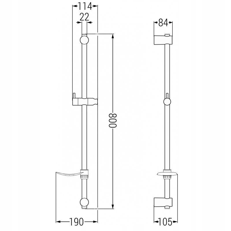 Wymiary drążka prysznicowego: 80 cm wysokości i 22 mm szerokości