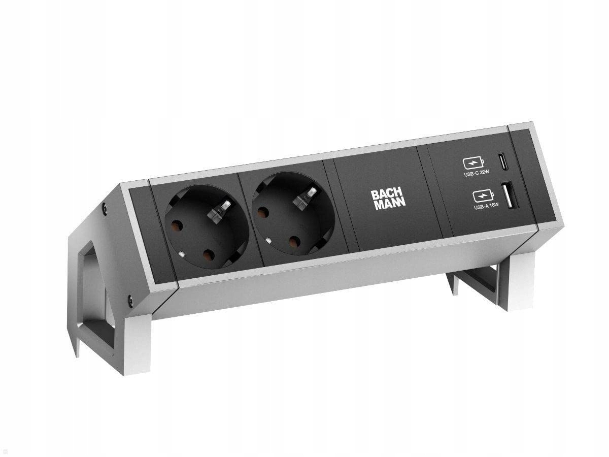 Bachmann DESK2 2xstyk ochronny USB A&C – Nowoczesna listwa zasilająca INOX