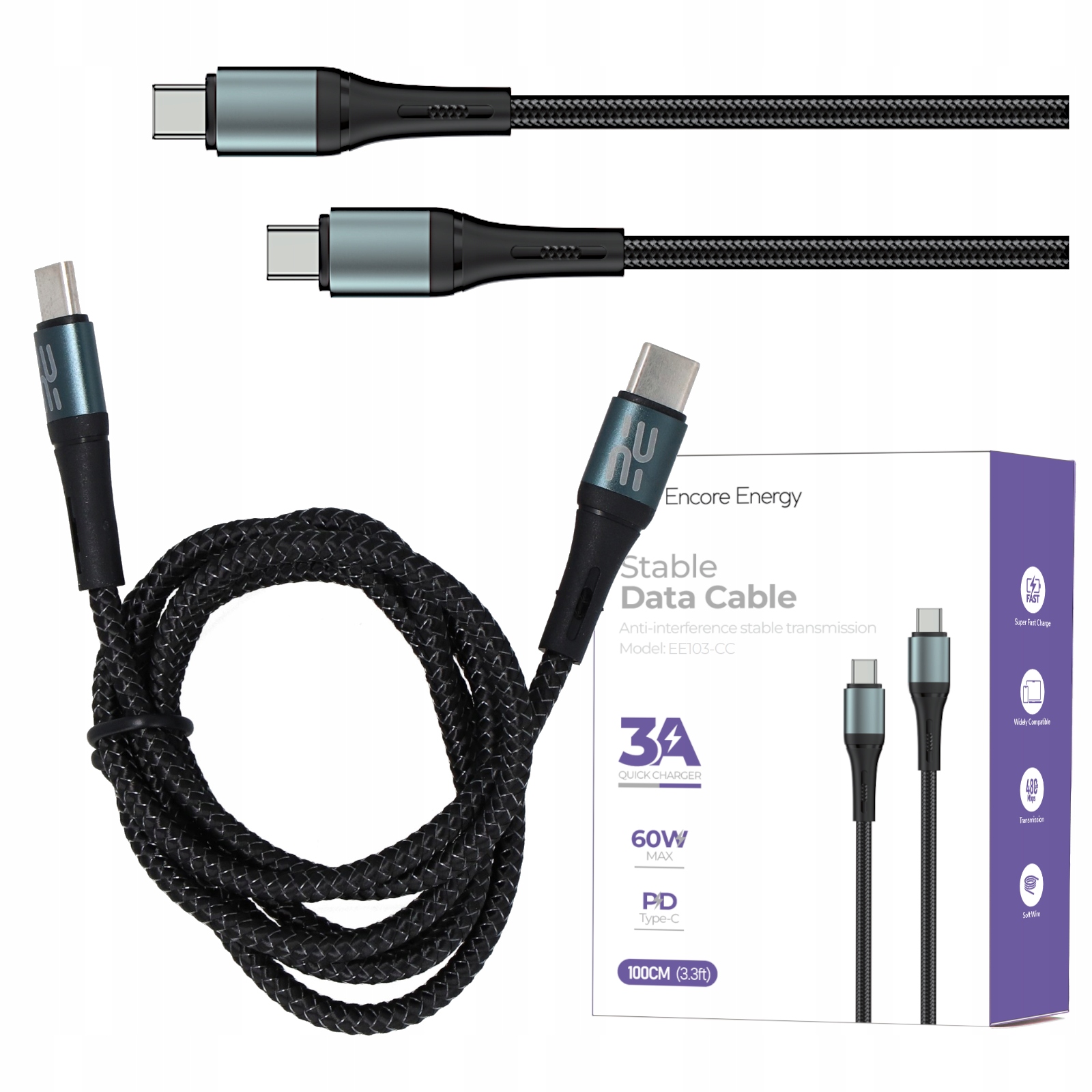 Kabel Encore Energy USB-C x2 3A QC PD 60W – Szybkie ładowanie i transfer danych