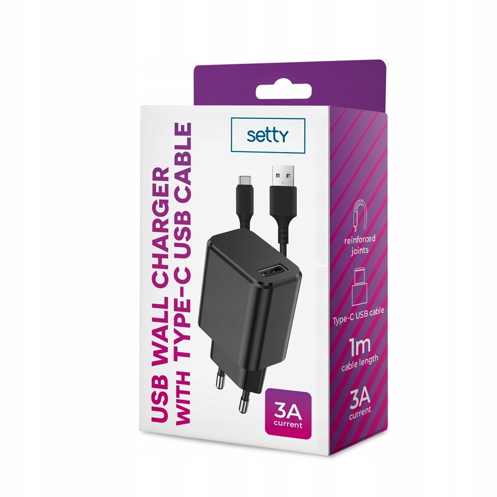 Setty ładowarka sieciowa 1x USB 3A czarna + kabel USB-C 1,0 m – Szybkie ładowanie w zasięgu ręki