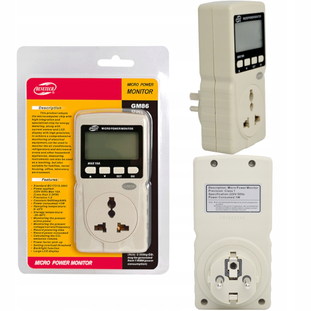 Watomierz cyfrowy LCD gniazdkowy licznik zużycia energii elektrycznej GM86 BENETECH – Efektywne zarządzanie energią w Twoim domu